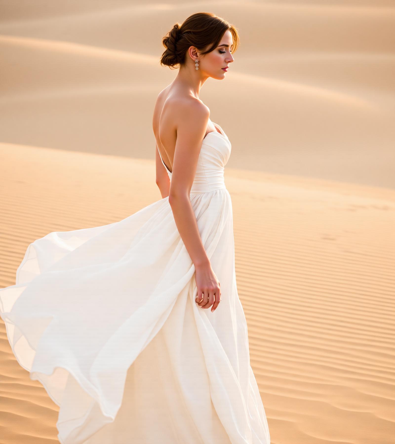 Bride in flowing dress at golden hour